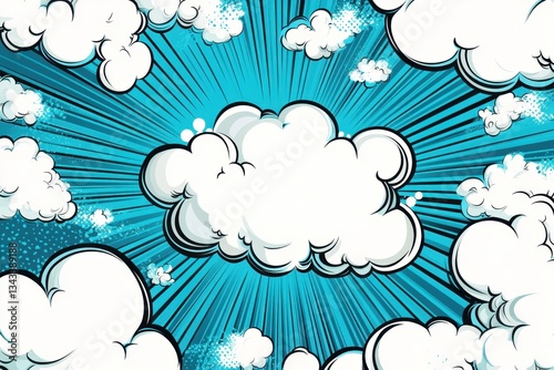 Cloudscape radiating blue sky in comic book style