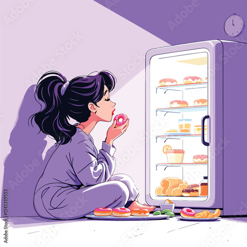 Vsai young woman eating donut at night in front of refrigerator full of food