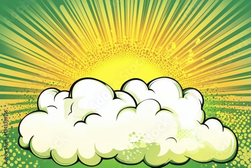 Cloudscape with sunbeams and halftone pattern background in green and yellow