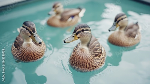 Four realistic ducks swimming calmly in turquoise water, showcasing vibrant colors and textures in a serene setting