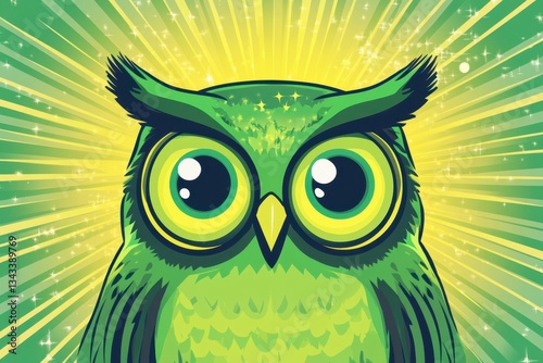 Green owl staring with large eyes on sparkling green and yellow rays background