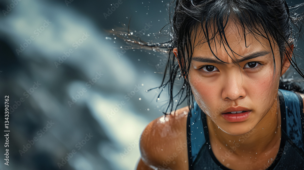 Obraz premium Mount Kinabalu Climbathon, close-up of a sweaty female runner's face with a look of focus and determination, Ai generated images