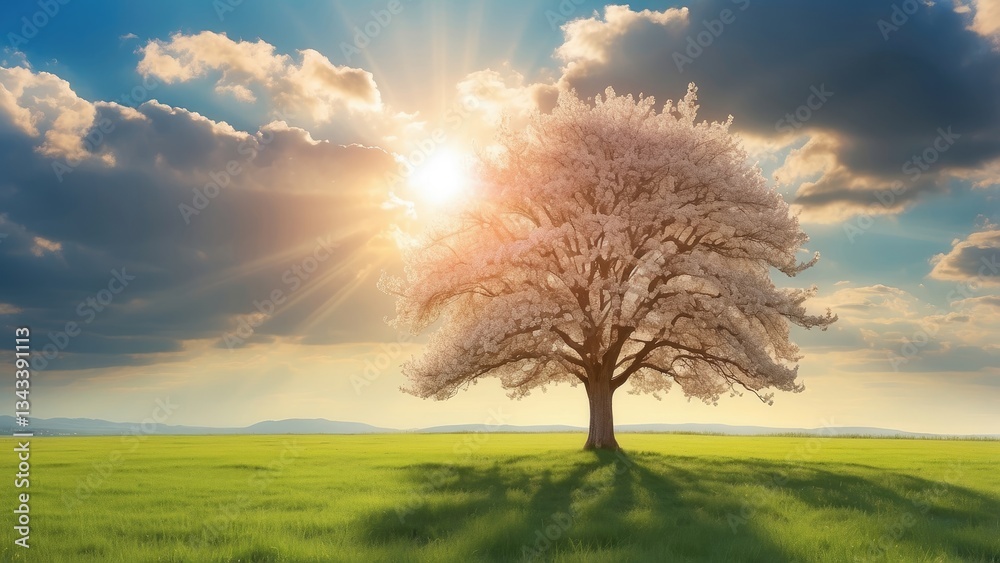 Obraz premium A panoramic view of a vibrant green field under a bright blue sky,