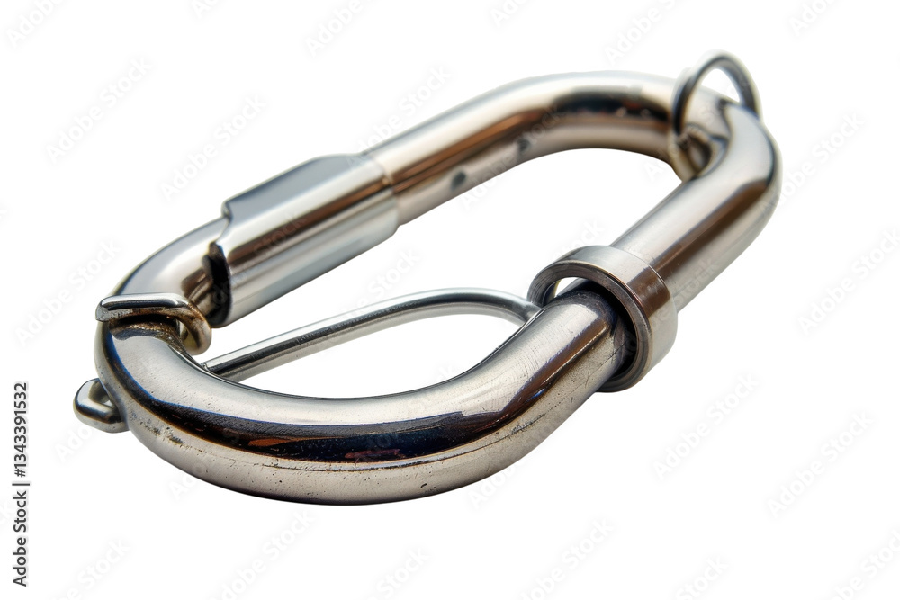 Shiny metallic carabiner resting on a clean surface, perfect for climbing and outdoor adventures Shiny metallic carabiner resting on a clean surface, perfect for climbing and outdoor adventures