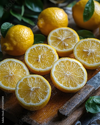 Freshly cut citrus fruits on a rustic kitchen counter