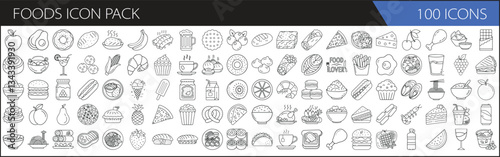 Food Icon Pack with 100 Outline Icons - A collection of 100 outline food icons in a minimalist style. Includes fruits, vegetables, fast food, desserts, and various meal illustrations.


