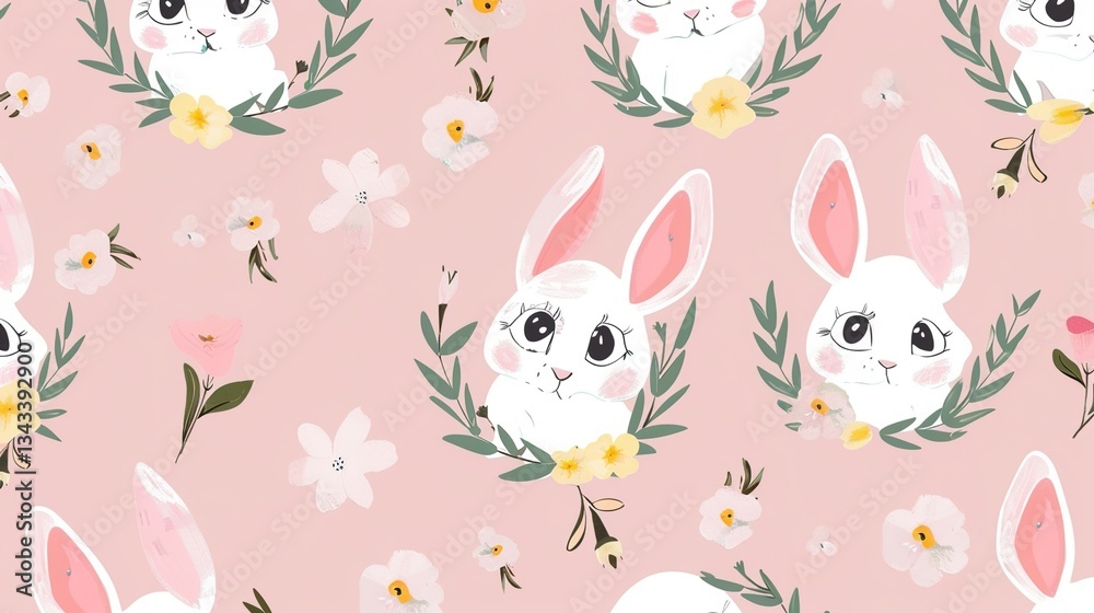 Charming Easter Bunnies in a Flower Wreath: Pink Background Charming Easter Bunnies in a Flower Wreath: Pink Background