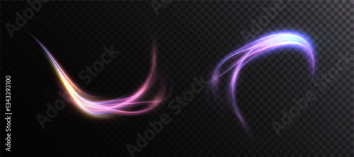 Shiny bright purple glowing curved line with magical light effect. Glow effect for game interface design on black background.	