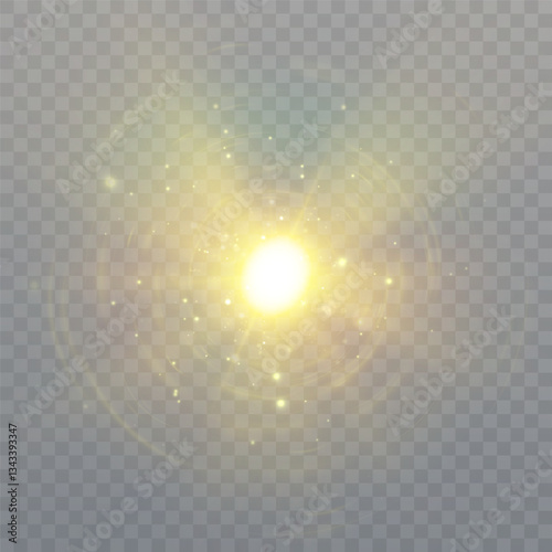 Flashes of bright light on transparent background. Vector glow effect of flickering glare. Abstract ignition of lens flare.