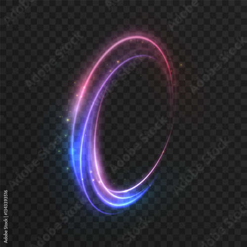 Bright colorful portal light swirl. Blue pink light around teleport podium. Magic gate in fantasy game. Glow for game interface design. Vector 10 EPS