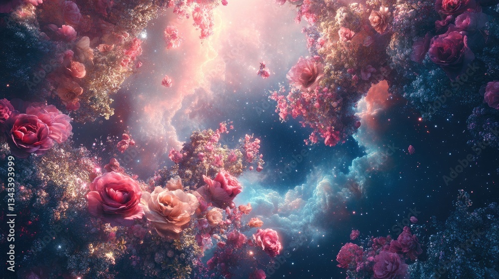 Fototapeta premium Ethereal Galaxy with Colorful Roses and Dreamy Floral Elements in Cosmic Background