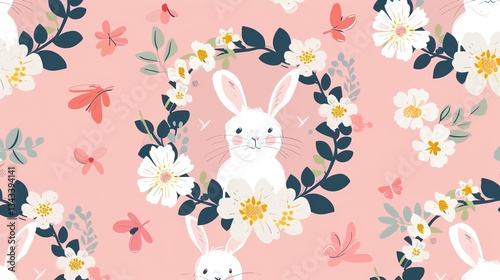 Charming Easter Bunnies in a Flower Wreath: Pink Background