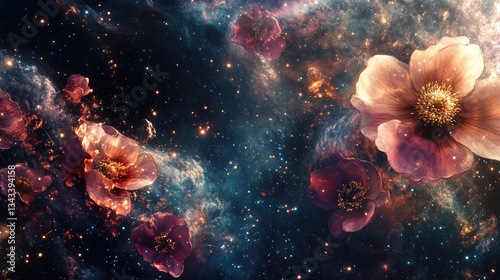 Wallpaper Mural Ethereal Cosmic Flowers Blooming in a Vibrant Galaxy with Colorful Stars and Nebulae Background Torontodigital.ca