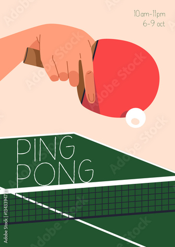 Ping pong poster design. Table tennis game with racket, card. Hand holding paddle, hitting ball over net in competition. Sports tournament, event promotion, advertising flyer. Flat vector illustration