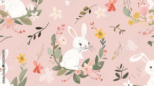 Charming Easter Bunnies in a Flower Wreath: Pink Background