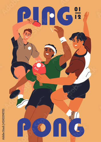 Ping pong poster design with happy international athletes. Table tennis players with racket paddle and ball. Tournament, sports game match, event promotion card, placard. Flat vector illustration