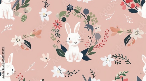 Charming Easter Bunnies in a Flower Wreath: Pink Background