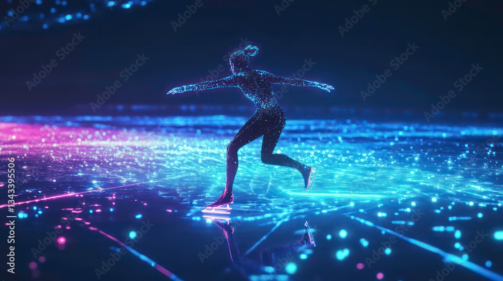 Obraz premium Futuristic figure skating on a glowing, digital ice rink.