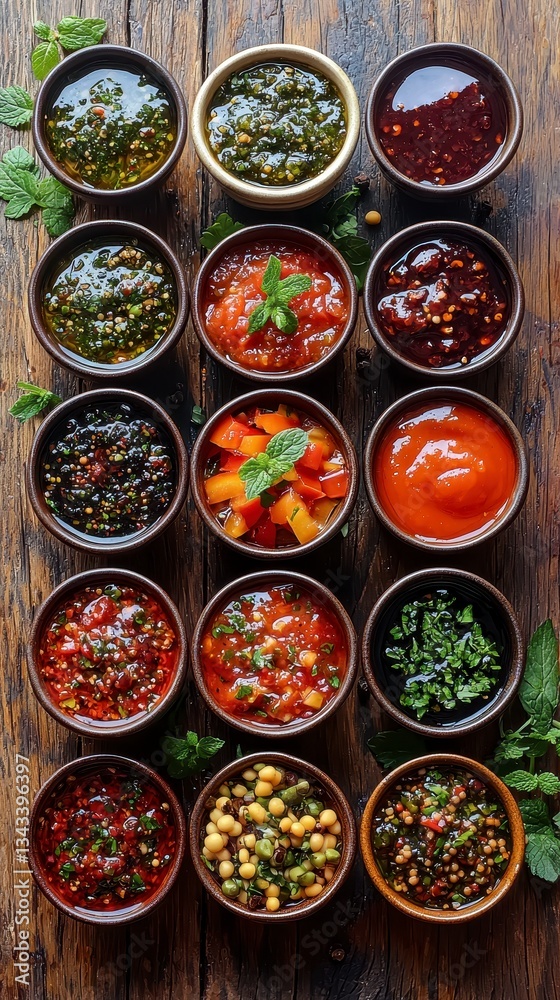 Artisanal sauces elegantly arranged on wooden table with various bowls of soup highlighting gourmet flavors