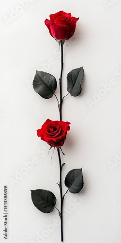 Two Red Roses On A Long Stem With Green Leaves Arranged Vertically On A White Background