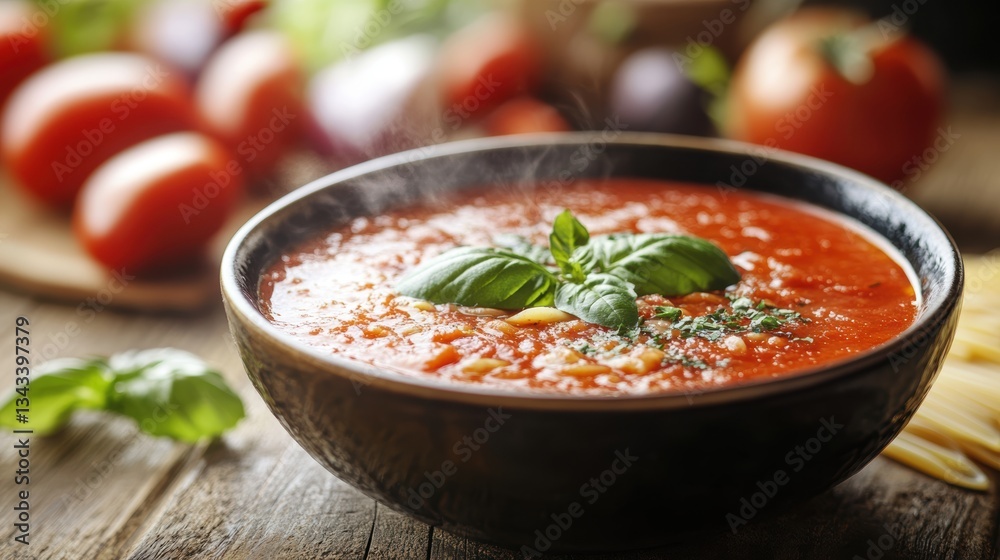 A rustic wooden table adorned with a checkered tablecloth, a bowl of steaming tomato soup, and a plate of fresh pasta, bathed in warm, inviting light, evokes the cozy atmosphere of an authentic A rustic wooden table adorned with a checkered tablecloth, a bowl of steaming tomato soup, and a plate of fresh pasta, bathed in warm, inviting light, evokes the cozy atmosphere of an authentic