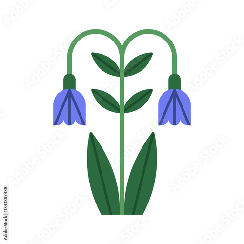 Flower branch with curved stem, bloom, leaf. Gentle spring wildflower with nodding bluebells. Botanical symmetrical shape. Abstract floral sprig. Flat vector illustration isolated on white background