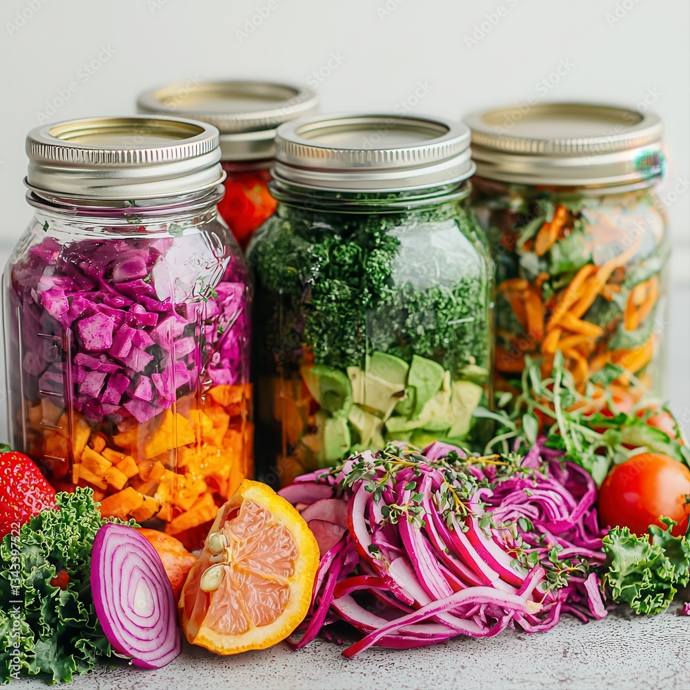 A variety of fresh vegetables artfully presented in jars for a colorful and creative culinary arrangement A variety of fresh vegetables artfully presented in jars for a colorful and creative culinary arrangement