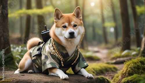 Adorable Shiba Inu in Camo Outfit and Gold Chain in a Forest photo