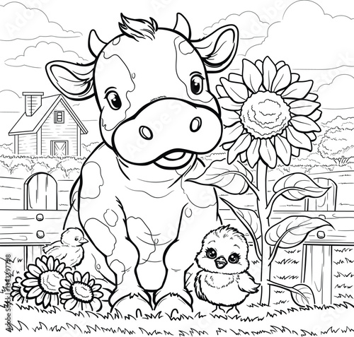 Cute graphic cartoon cow and chickens in front of the farm landscape sketch template. Vector illustration in black and white for games, background, pattern, decor. Coloring paper, page, story book.