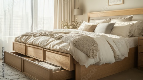 A serene bedroom with under-bed storage featuring custom-made sliding drawers in a light oak finish, styled in a tranquil minimalist theme