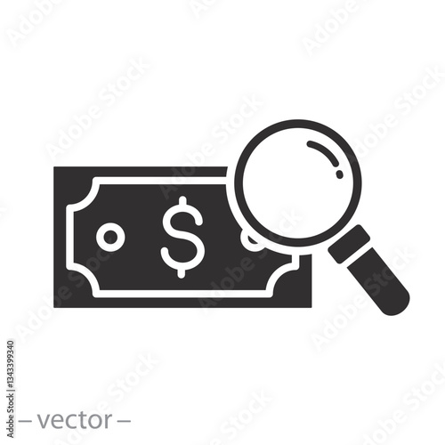 counterfeit money, cash money under a magnifying glass icon, dollar bank bill, check currency for authenticity, flat vector illustration