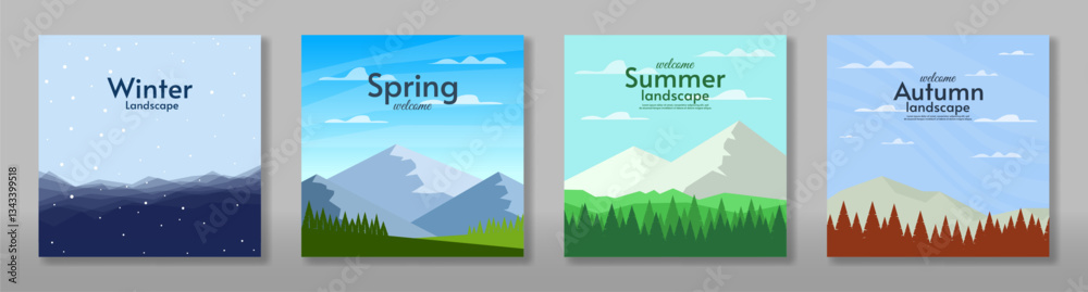 Obraz premium Vector illustration. Set of 4 season landscape illustration. Flat style landscape illustration. Winter, spring, summer, autumn vector landscape. Mountains with field, hills and forest. 