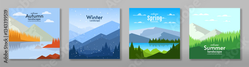 Vector illustration. Set of 4 season landscape illustration. Flat style landscape illustration. Autumn, winter, spring and summer vector landscape. Mountains with field, hills and forest.	
