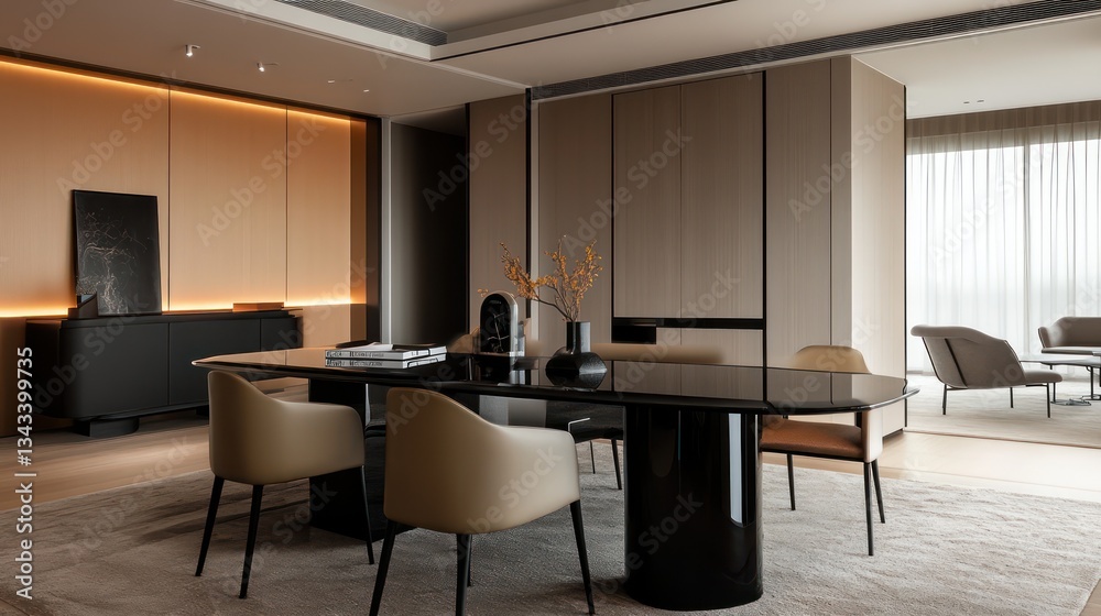 A sleek dining area with a black glass table, matching chairs, and bold accents in a neutral-toned space A sleek dining area with a black glass table, matching chairs, and bold accents in a neutral-toned space