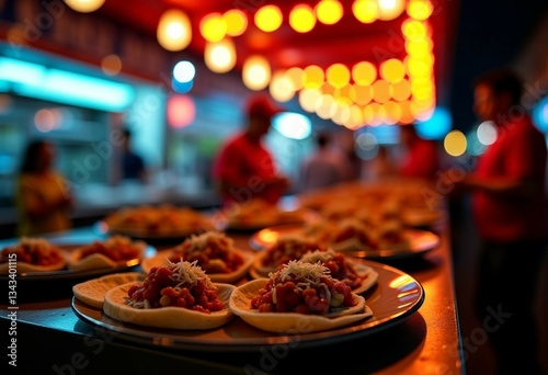 A bustling night market stall serving spicy tacos, street food