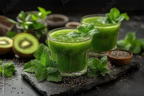 Glasses of green detox smoothie with kiwi, chia seeds and fresh mint leaves