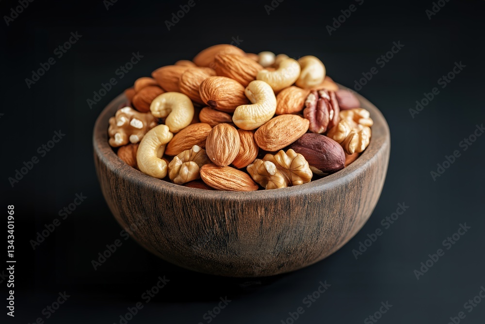 Wooden bowl overflowing with healthy mixed nuts on dark background Wooden bowl overflowing with healthy mixed nuts on dark background
