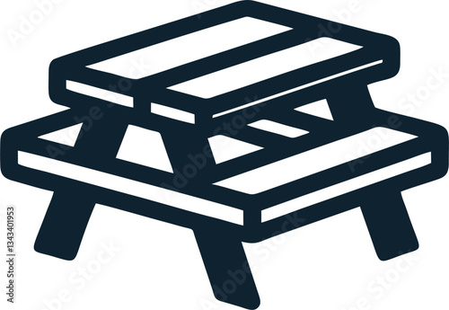 A clean and modern black and white vector illustration of a picnic table, representing outdoor seating, parks, recreation areas, and public spaces. Perfect for use in signage, maps, brochures, website
