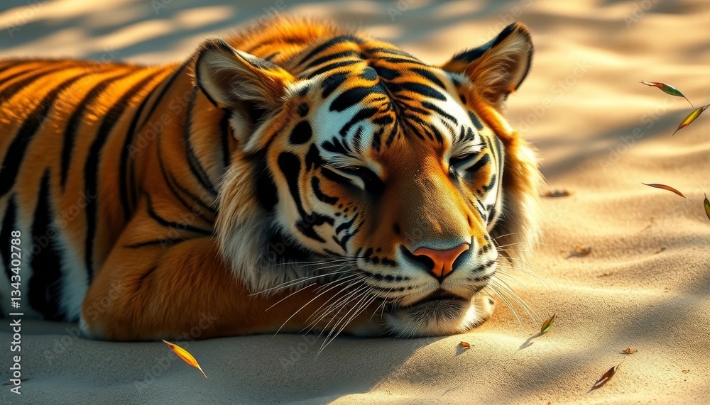 Fototapeta premium Majestic Tiger Resting on Sandy Terrain, Bathed in Golden Sunlight, with Delicate Leaves Gently Falling