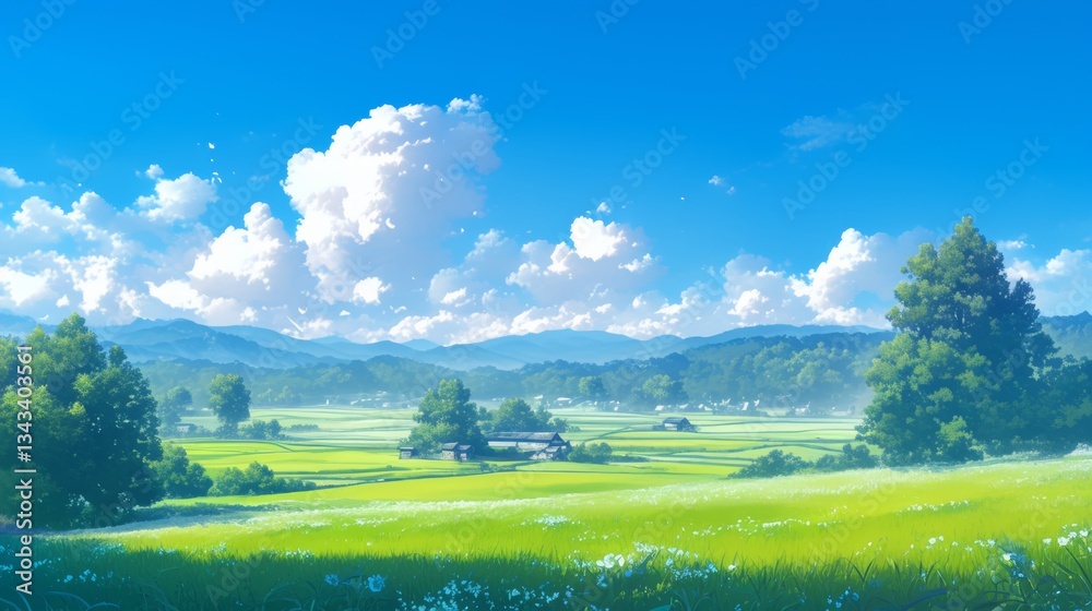 Fototapeta premium summer landscape view anime illustration art style painting digital art 