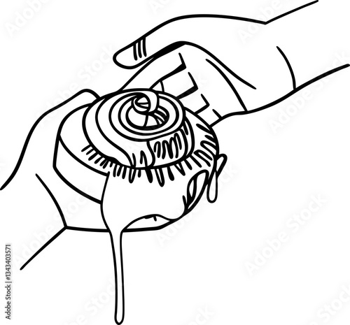 hands holding dripping melting ice cream cone, linear illustration sweet dessert in monochrome