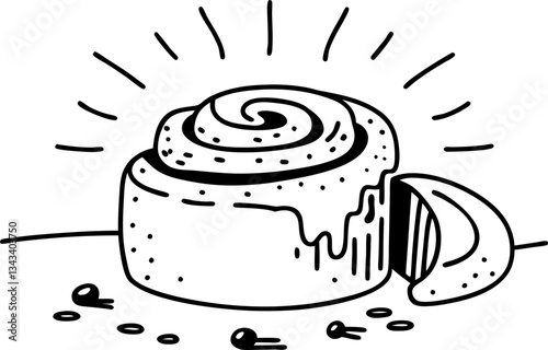 icing drizzled cinnamon roll illustration sweet spiral pastry, line art, dessert concept