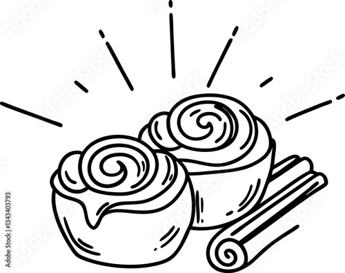 Cinnamon rolls and sticks sweet bakery treats, line art illustration of breakfast pastries