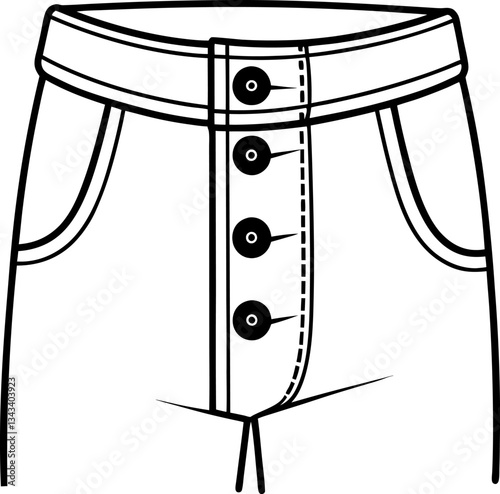 Illustration of stylish button front pants design with pocket details and stitching