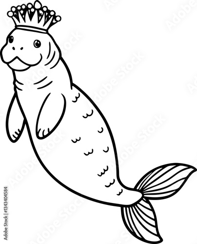 Majestic sea lion wearing a crown animal illustration, ocean royalty concept, cute marine creature