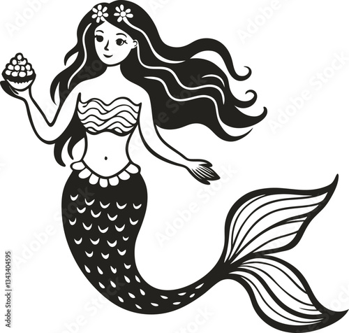 Whimsical mermaid holding seashell nautical tattoo art, black ink illustration of mythical sea creature