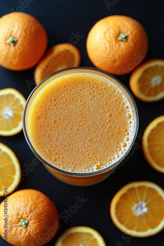 Glass of freshly squeezed orange juice surrounded by whole and sliced oranges