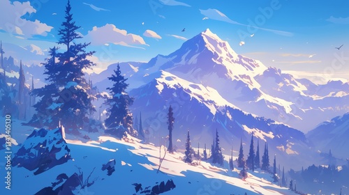 winter mountain view landscape anime art wallpaper background 