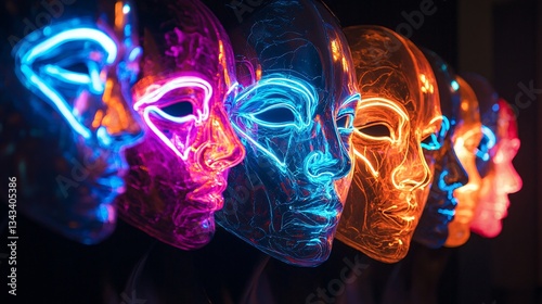 A line of colorful glowing neon human face masks concept