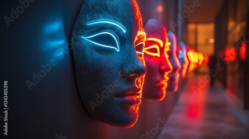Futuristic concept with glowing neon light on human faces